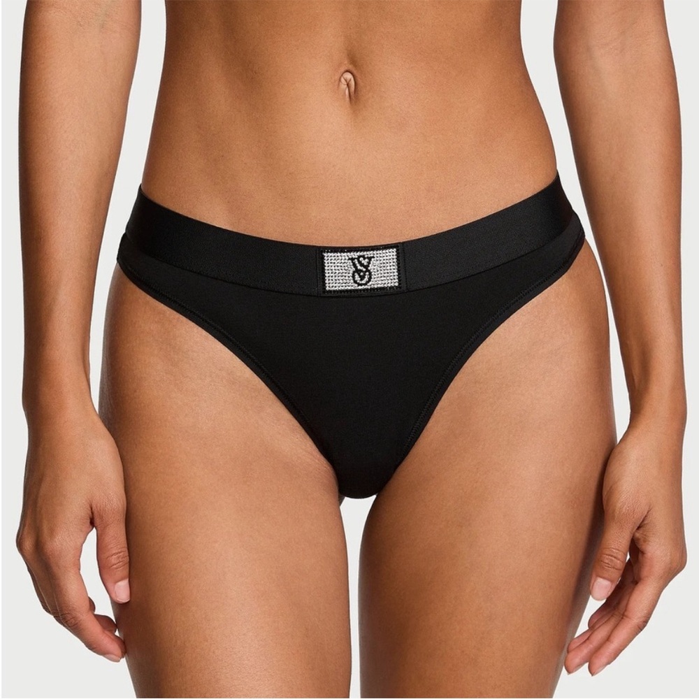 Victoria’s Secret Set of 3 Shine Patch Logo Underwear Thongs Black Large NWT